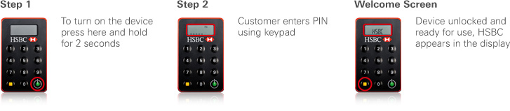 只需4个步骤，即可开启安全密码器。步骤一：按住绿色按键2秒，以开启安全密码器。步骤二：使用键盘输入密码。此时屏幕上会显示“HSBC”提示。