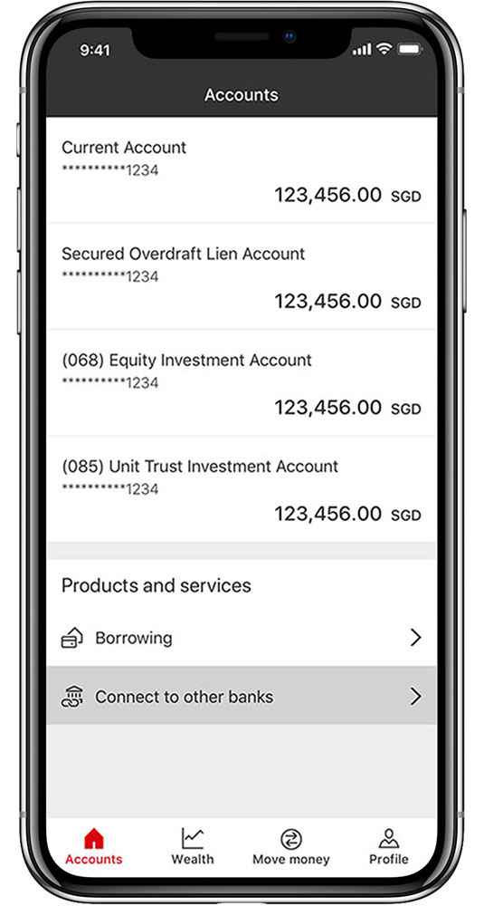 Select 'Connect to other banks' in the HSBC Singapore app
